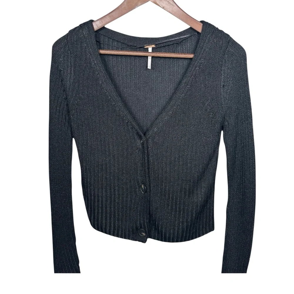 Free People‎ Game On Ribbed Cardigan Size XS Black Basic Staple Minimalist